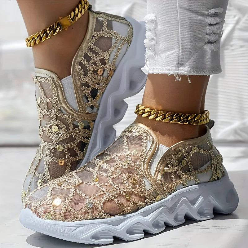 Sparkle Lace Women's Shoes gold pair styled with cropped white trousers, showing the side and toe
