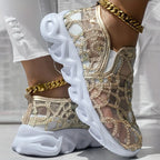 Sparkle Lace Women's Shoes in gold, shown on feet with a sheer patterned upper and chunky white sole