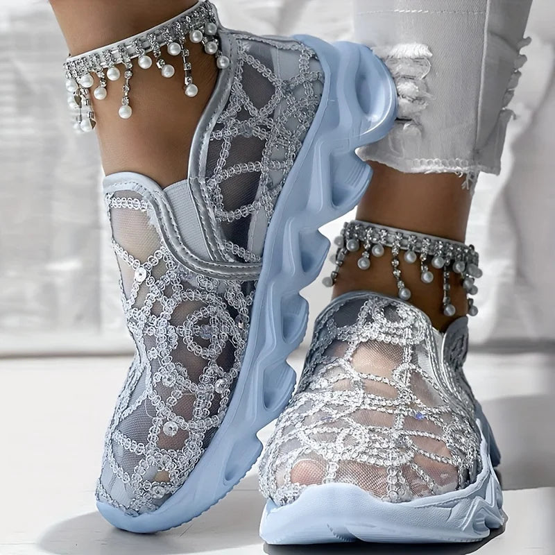 Sparkle Lace Women's Shoes in silver gray, showing the rounded toe and raised side profile