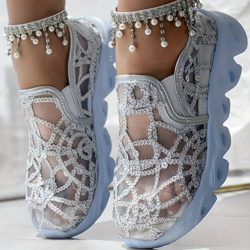 Sparkle Lace Women's Shoes silver gray pair viewed from the front, showing patterned lace and elastic panels