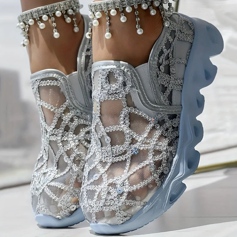 Sparkle Lace Women's Shoes silver gray lace and mesh upper in a close view of both shoes