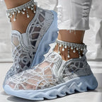 Sparkle Lace Women's Shoes silver gray pair worn with cropped white trousers, shown from the side