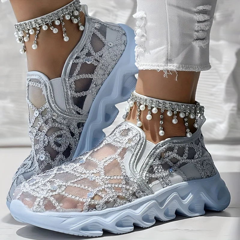 Sparkle Lace Women's Shoes silver gray pair worn with cropped white trousers, shown from the side