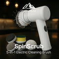 HighPeak SpinScrub™ 5-in-1 Electric Cleaning Brush in white with five interchangeable heads and water splashing on bristles