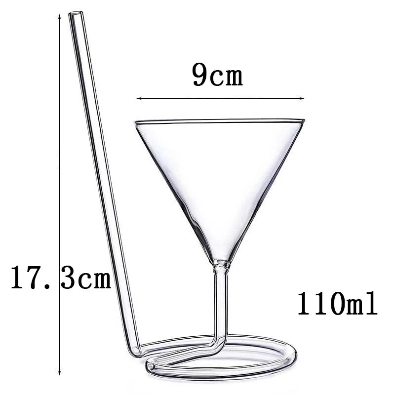 Spiral Straw Cocktail Glass on white with measurements beside the integrated straw and conical bowl