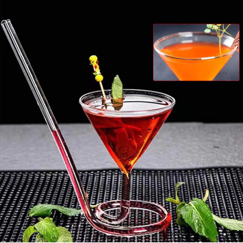 Spiral Straw Cocktail Glass with a red drink, mint garnish and an inset close-up of the bowl rim