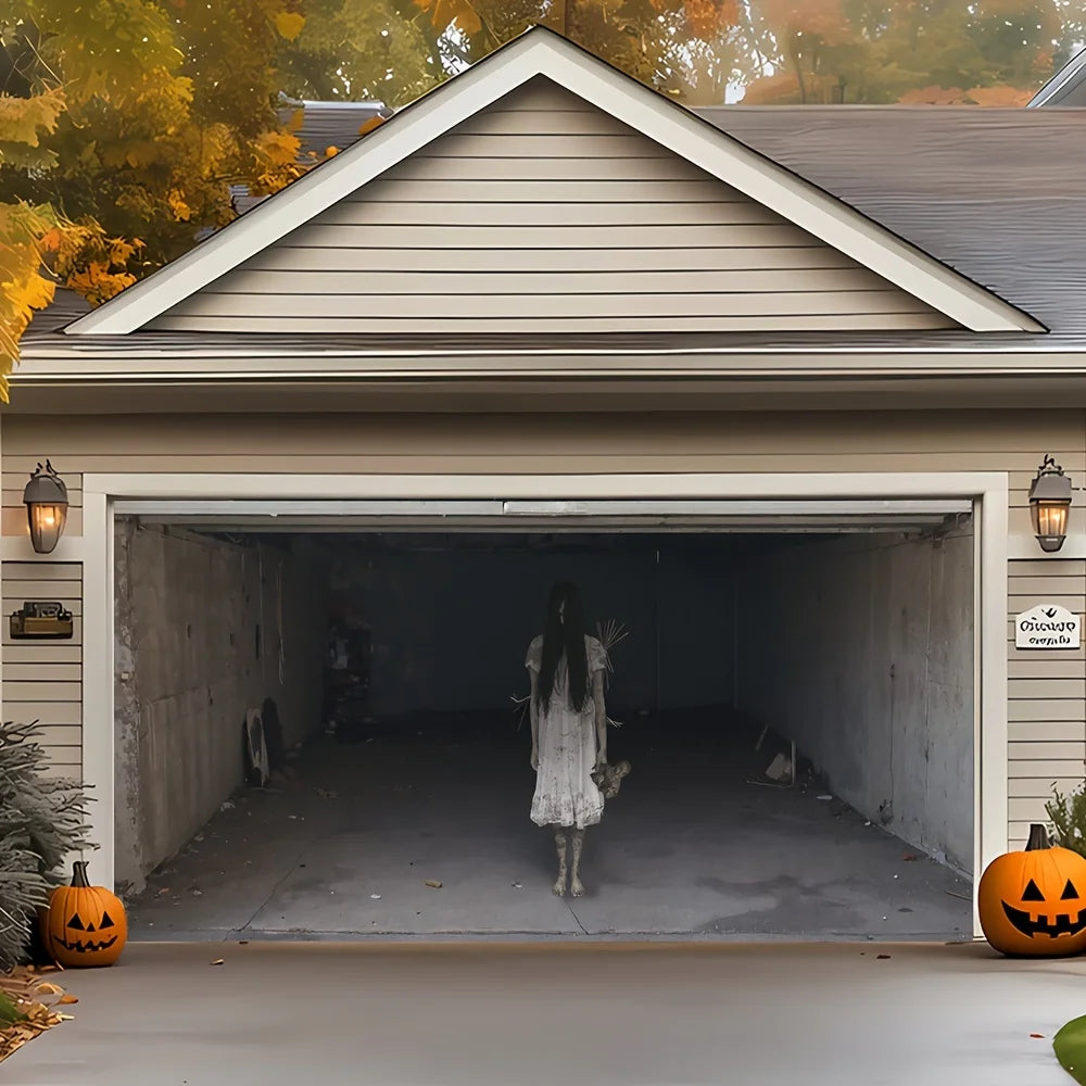 Spooky Girl Garage Banner on a light-colored garage framed by autumn trees and two pumpkins