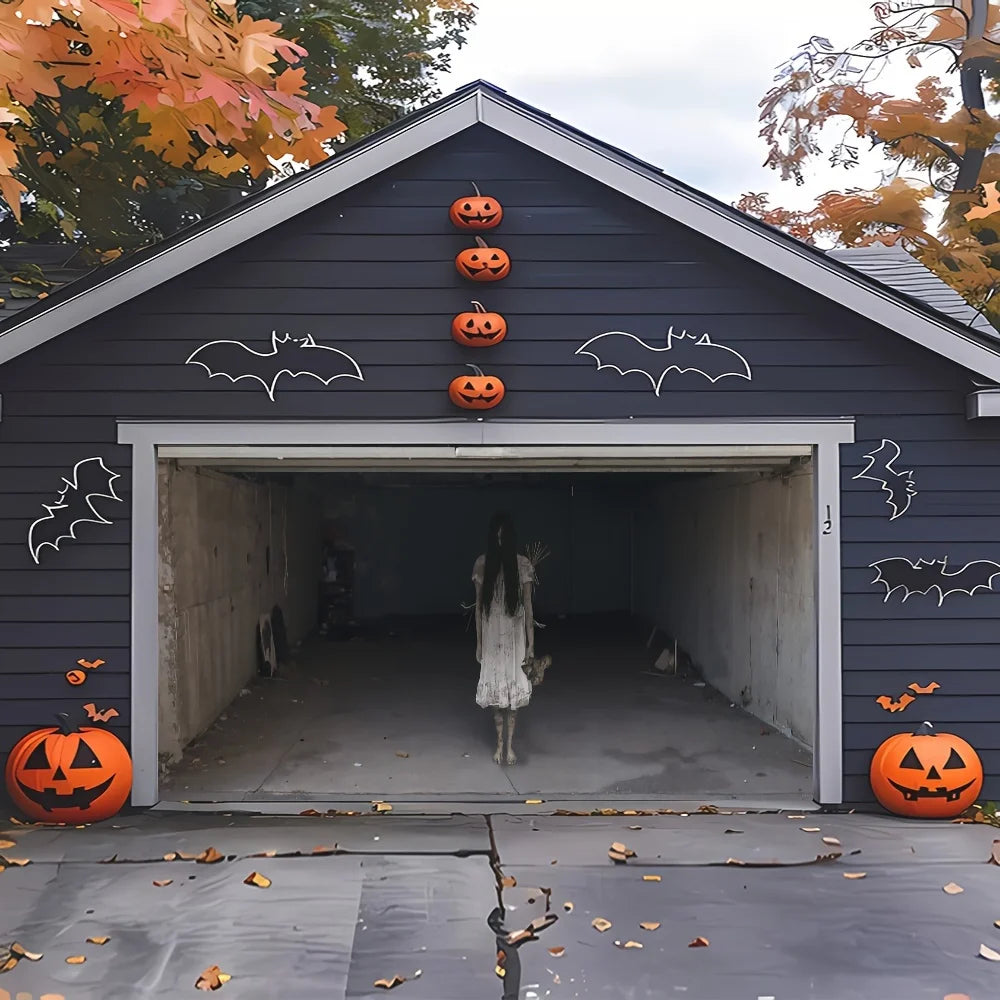 Spooky Girl Garage Banner on a dark house decorated with bat outlines and orange pumpkins