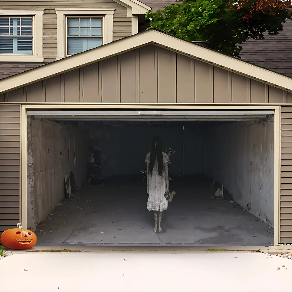 Spooky Girl Garage Banner across a beige house garage with a jack-o-lantern beside the driveway
