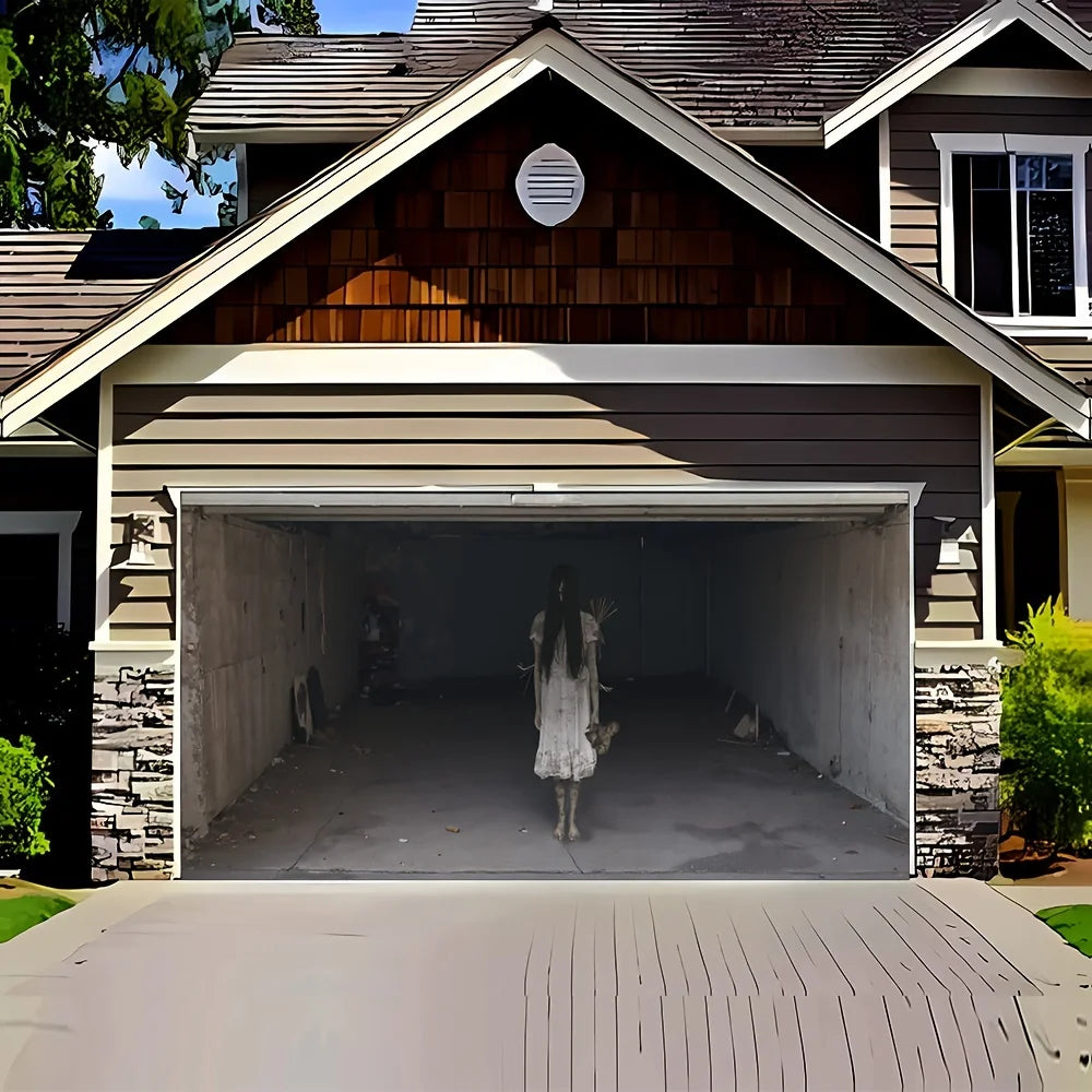 Spooky Girl Garage Banner displayed on a brown house garage with stone trim in daylight
