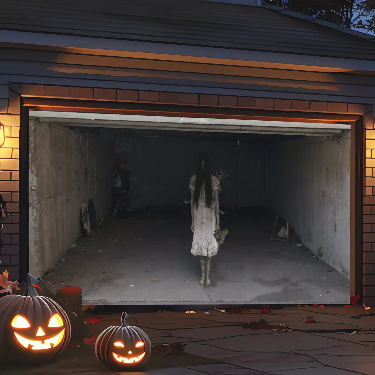 Spooky Girl Garage Banner displayed at dusk with warm garage lights and glowing pumpkins