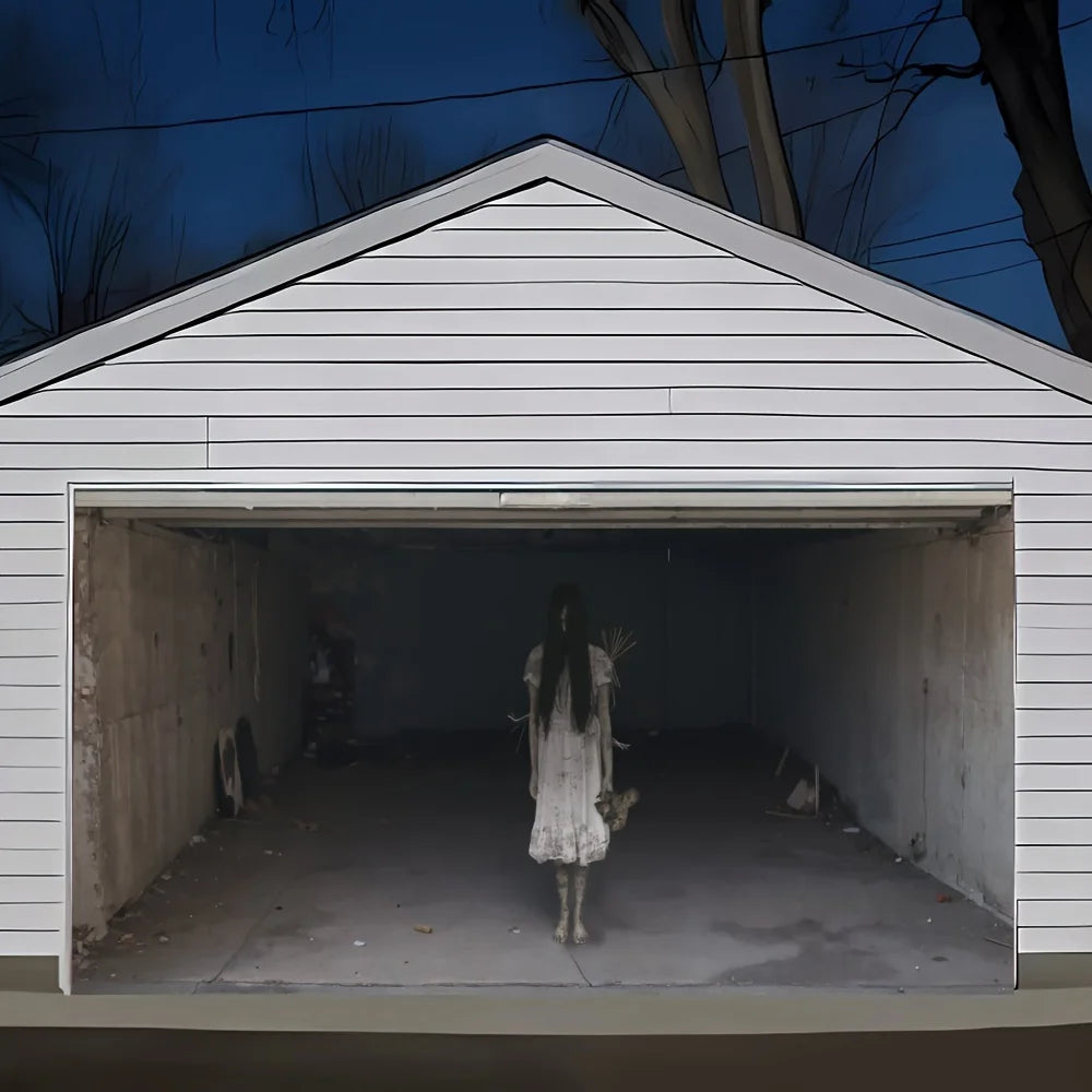 Spooky Girl Garage Banner on a white garage beneath dark blue sky and bare tree silhouettes