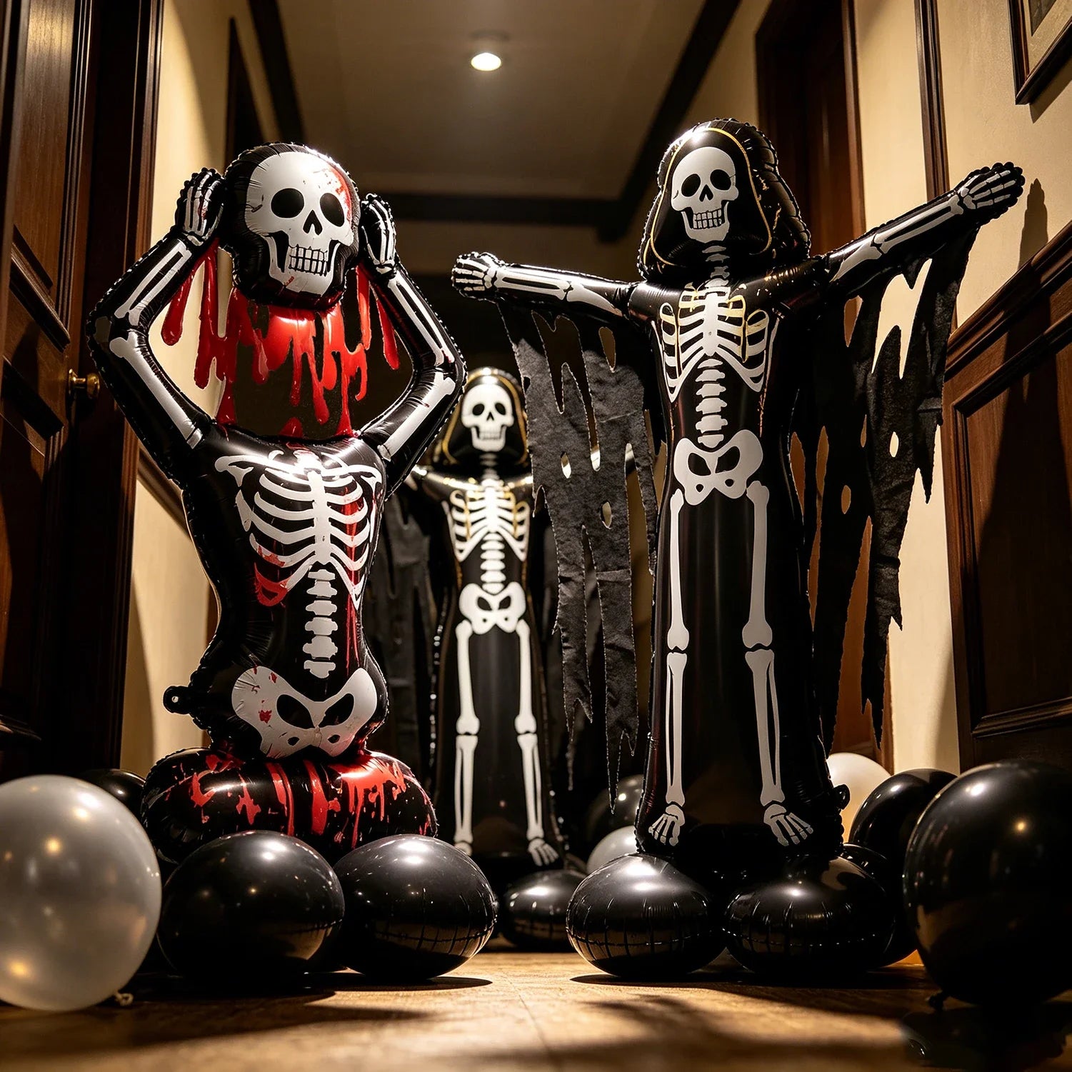 Spooky Skeleton Balloon Set trio of bloody, pumpkin-headed, and hooded skeleton characters