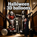 Spooky Skeleton Balloon Set trio displayed in a Halloween hallway beside a child in costume