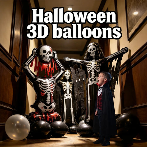 Spooky Skeleton Balloon Set trio displayed in a Halloween hallway beside a child in costume