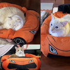 Sports Car Cat Bed collage showing three views of cats lounging in the orange plush bed