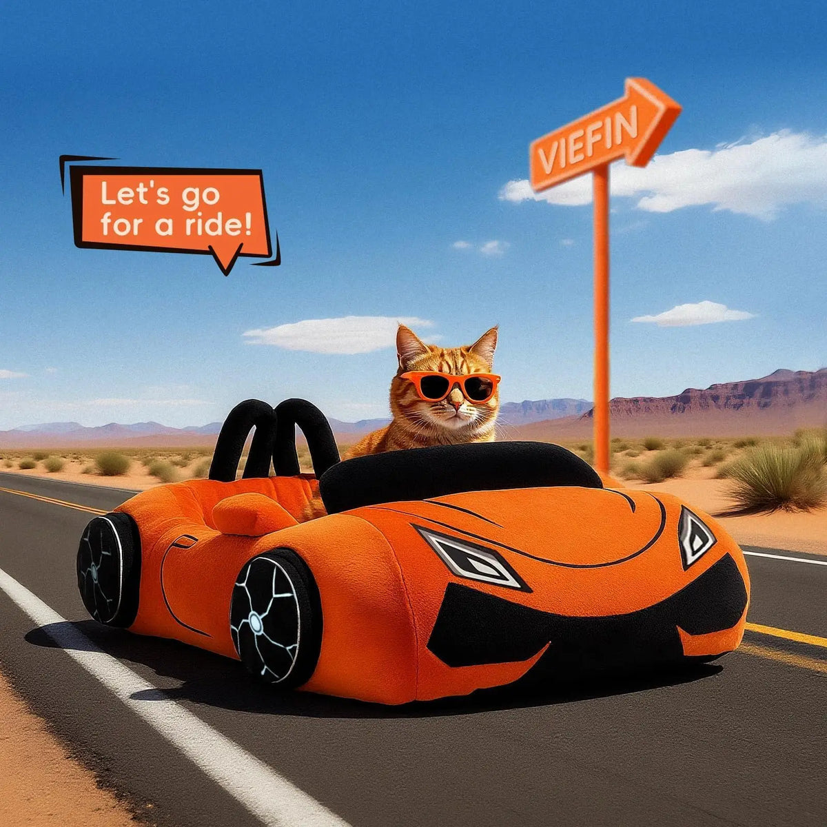 Sports Car Cat Bed with an orange cat wearing sunglasses in a stylized desert road scene