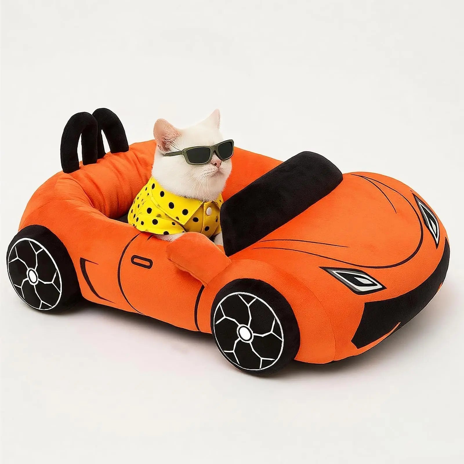 Sports Car Cat Bed in orange with a white cat wearing sunglasses and a yellow shirt