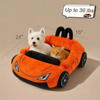 Sports Car Cat Bed with a dog and cat beside supplier size and weight annotations