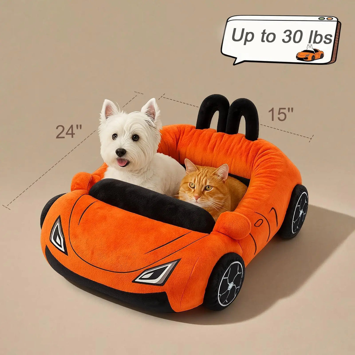 Sports Car Cat Bed with a dog and cat beside supplier size and weight annotations