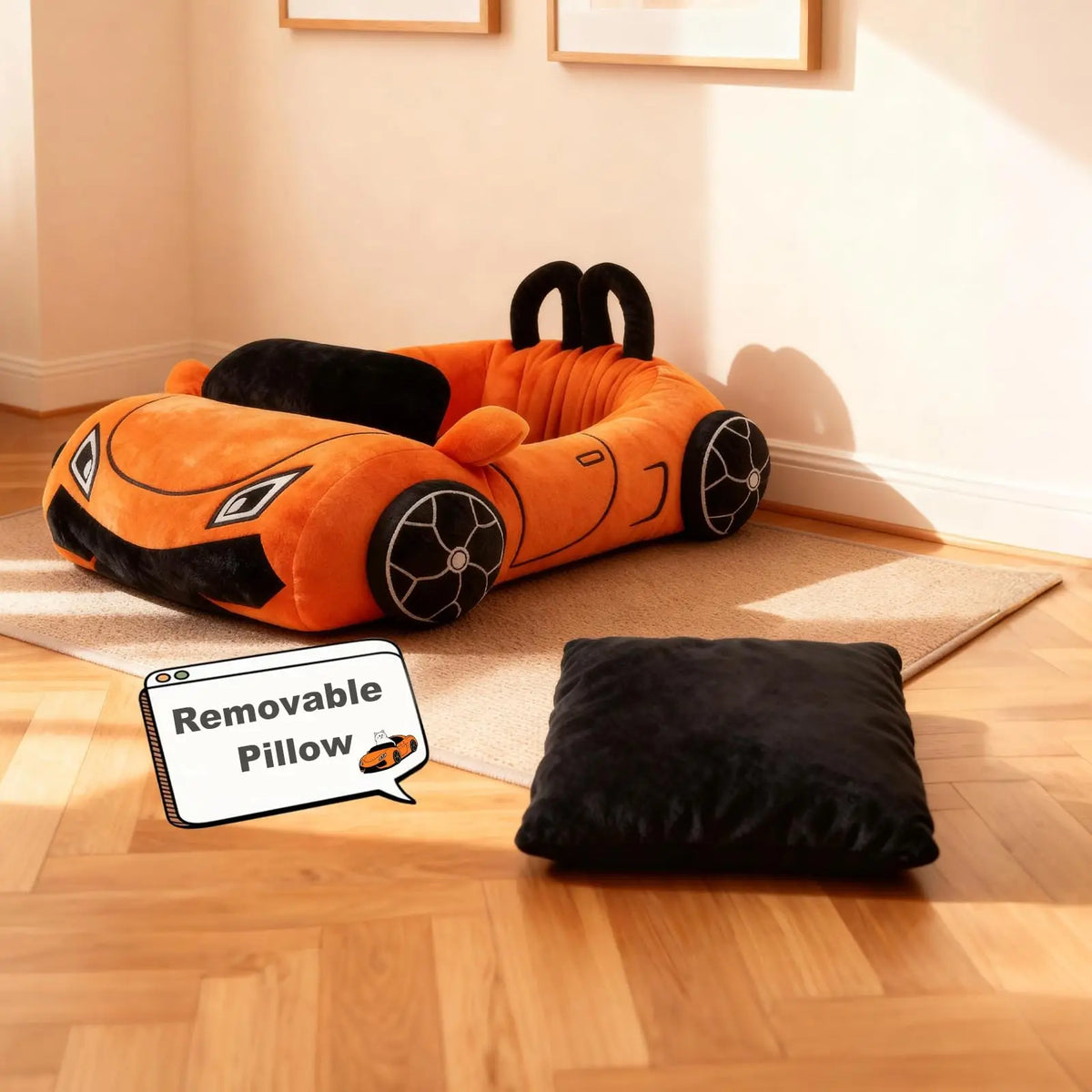 Sports Car Cat Bed on a rug with its removable black pillow displayed separately