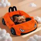 Sports Car Cat Bed with a small dog sleeping inside, surrounded by decorative clouds