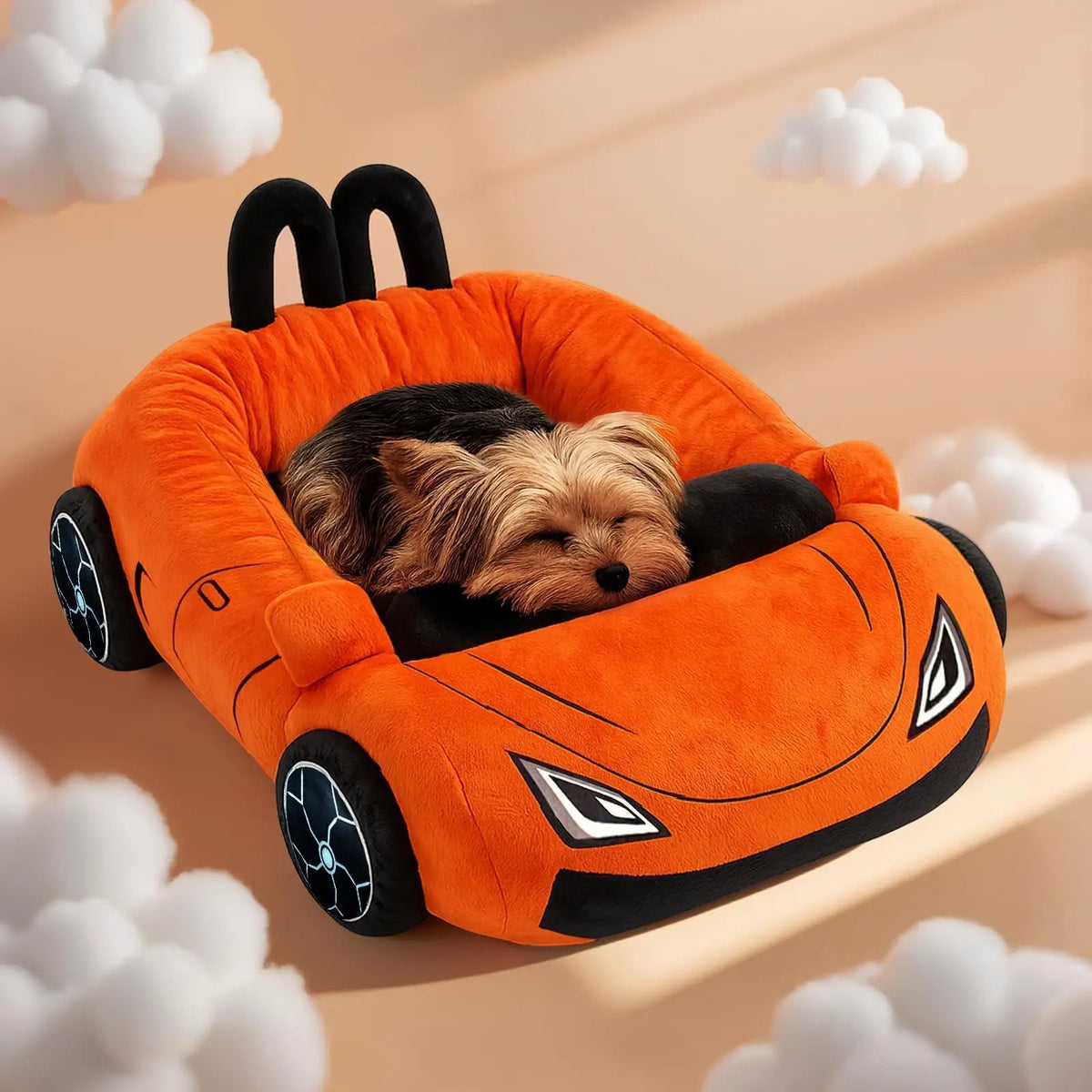 Sports Car Cat Bed with a small dog sleeping inside, surrounded by decorative clouds
