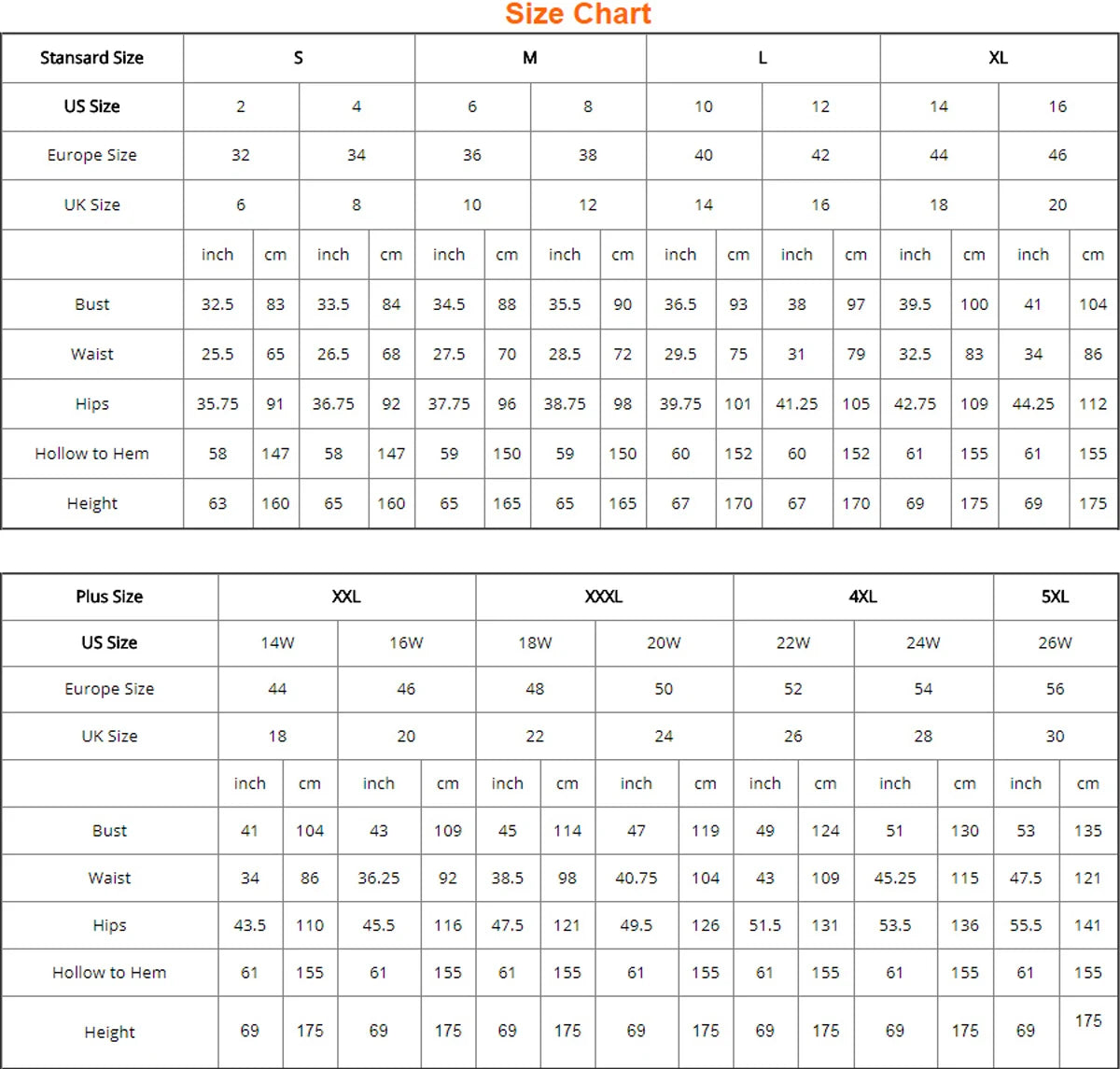 Spotlight Rhinestone Bodysuit supplier general gown size chart with US, European and UK sizes and measurements.