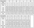 Spotlight Rhinestone Bodysuit supplier standard and plus-size chart showing measurements in inches and centimetres.