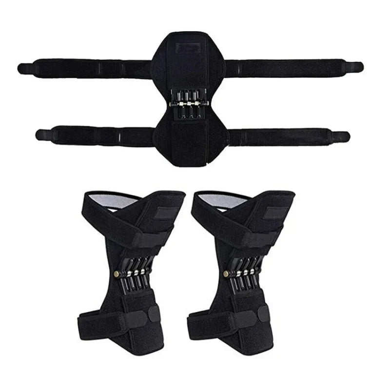 Spring Knee Support Brace product collage with one brace opened flat and two braces standing side by side.