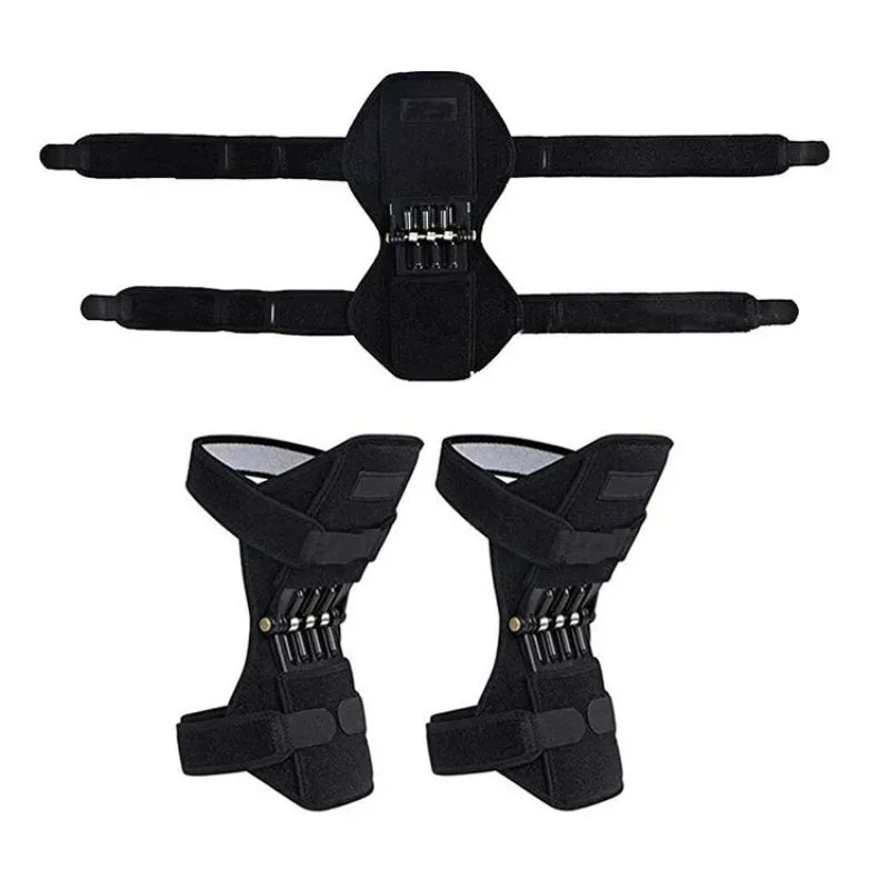 Spring Knee Support Brace laid flat with straps extended above two braces shown in their wrapped shape.