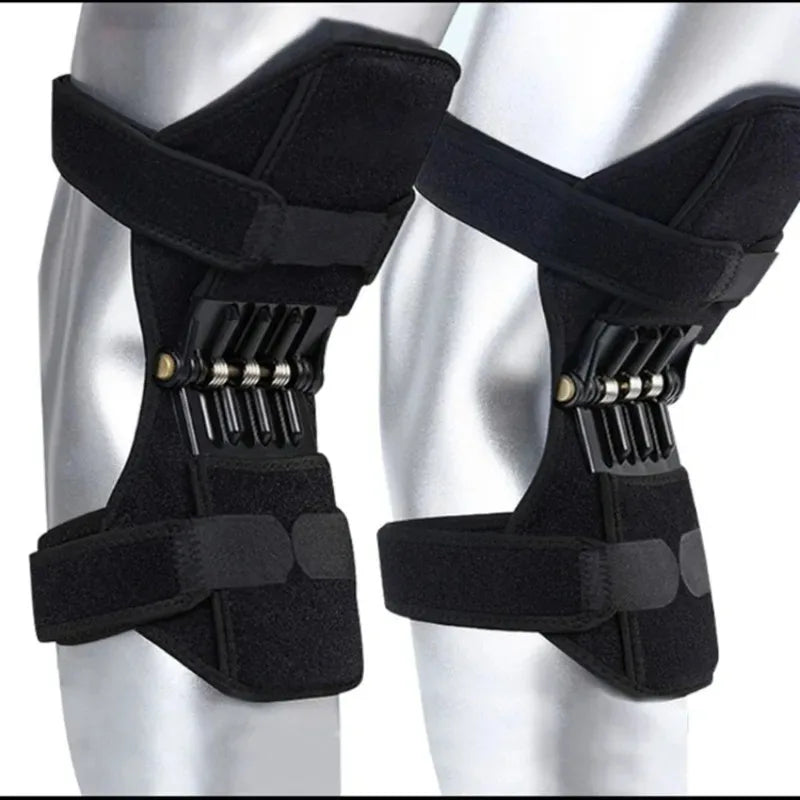 Spring Knee Support Brace pair fitted to mannequin legs, showing strap placement and exposed spring assemblies.