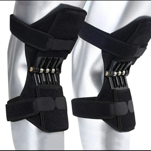 Spring Knee Support Brace pair fitted to mannequin legs, showing strap placement and exposed spring assemblies.