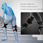 Supplier illustration of Spring Knee Support Brace worn on stairs, with arrows and knee-pressure claim callouts.