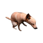 Squatting Dog Plush Toy 15 cm tan dog with a raised tail and bent back legs on a white background.