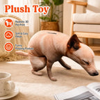Squatting Dog Plush Toy feature graphic showing the dog beside a mug and open book.