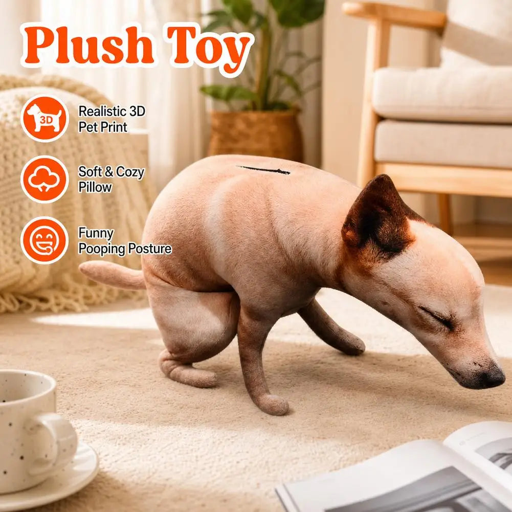 Squatting Dog Plush Toy feature graphic showing the dog beside a mug and open book.