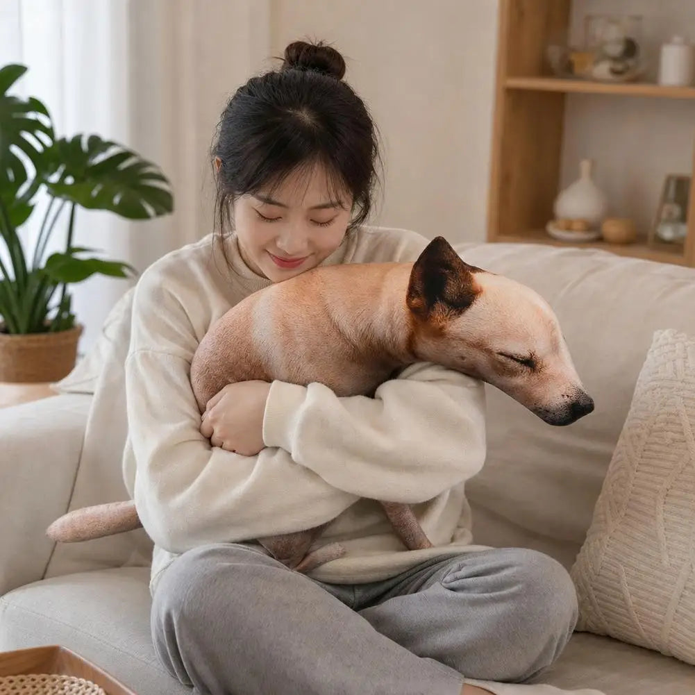 Squatting Dog Plush Toy woman in a cream sweater holding the plush dog while seated cross-legged.