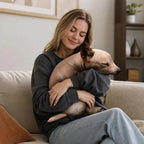 Squatting Dog Plush Toy woman in a gray sweater hugging the tan plush dog on a sofa.