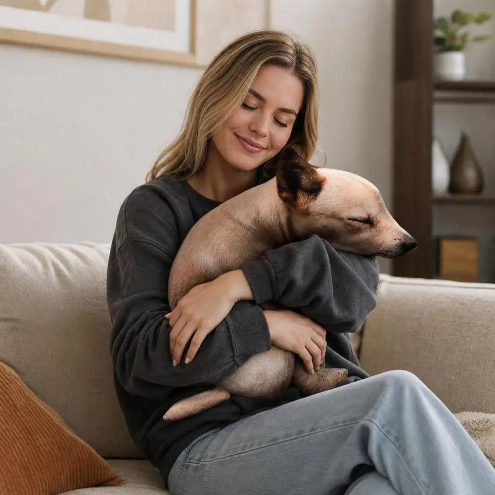Squatting Dog Plush Toy woman in a gray sweater hugging the tan plush dog on a sofa.