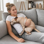 Squatting Dog Plush Toy tan plush dog resting on a reclining woman's lap on a gray sofa.