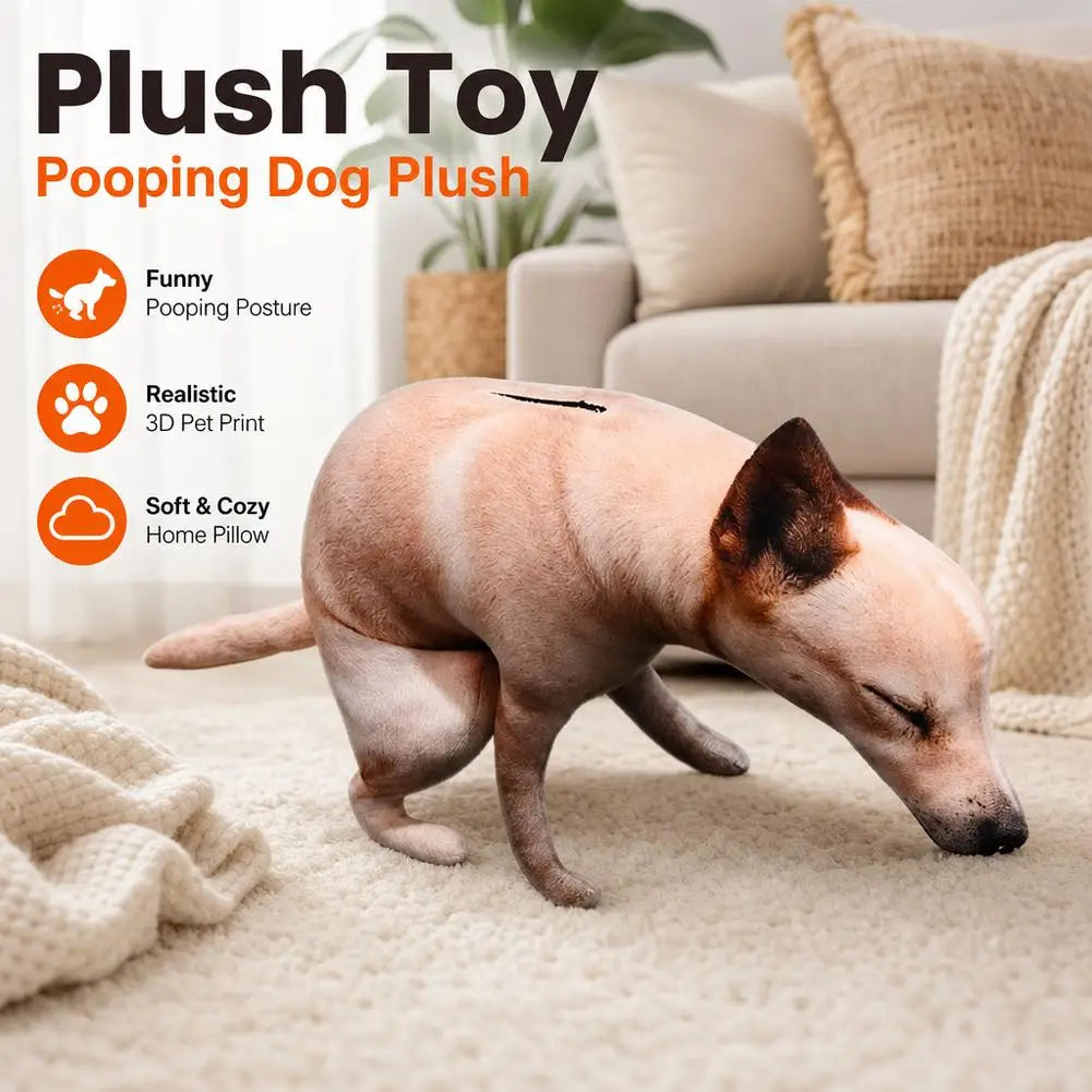Squatting Dog Plush Toy feature graphic showing the dog beside a sofa with pose and soft-plush callouts.