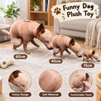 Squatting Dog Plush Toy three-size comparison with close-ups of the face, fabric and squeezable body.