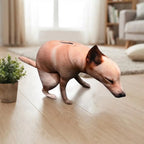 Squatting Dog Plush Toy tan dog displayed on a wood floor beside a small potted plant.