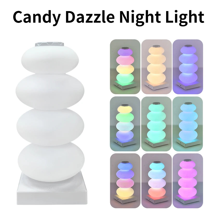 Stacked Pebble RGB Lamp unlit white design beside nine colorful lighting examples.