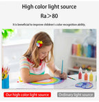 Stacked Pebble RGB Lamp supplier color-rendering comparison graphic showing a child painting.