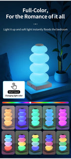 Stacked Pebble RGB Lamp in cyan with a touch guide and ten lighting examples in two rows.