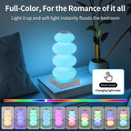Stacked Pebble RGB Lamp glowing cyan with a touch-control guide and color examples.