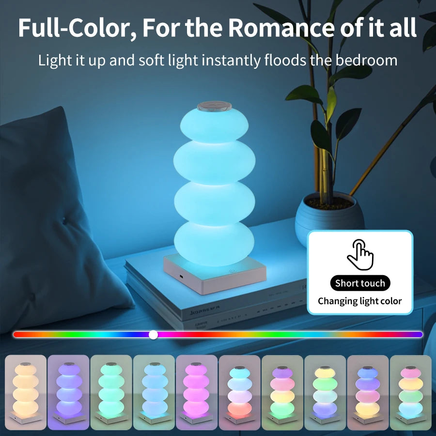 Stacked Pebble RGB Lamp glowing cyan with a touch-control guide and color examples.