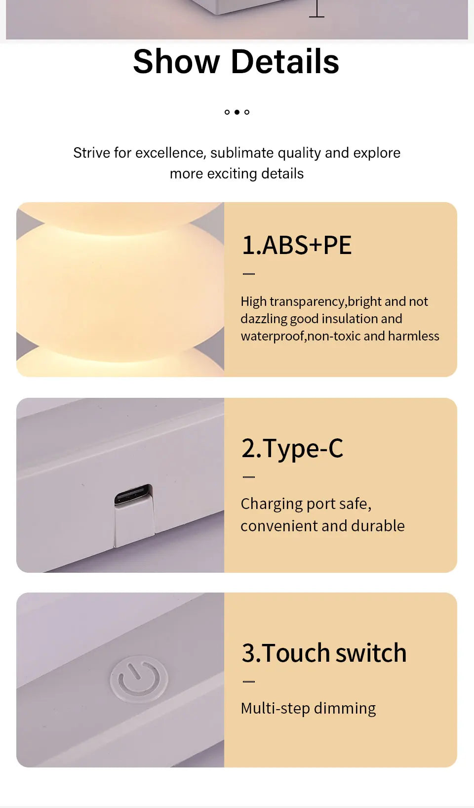 Stacked Pebble RGB Lamp in a tall details graphic with USB-C and touch-switch close-ups.